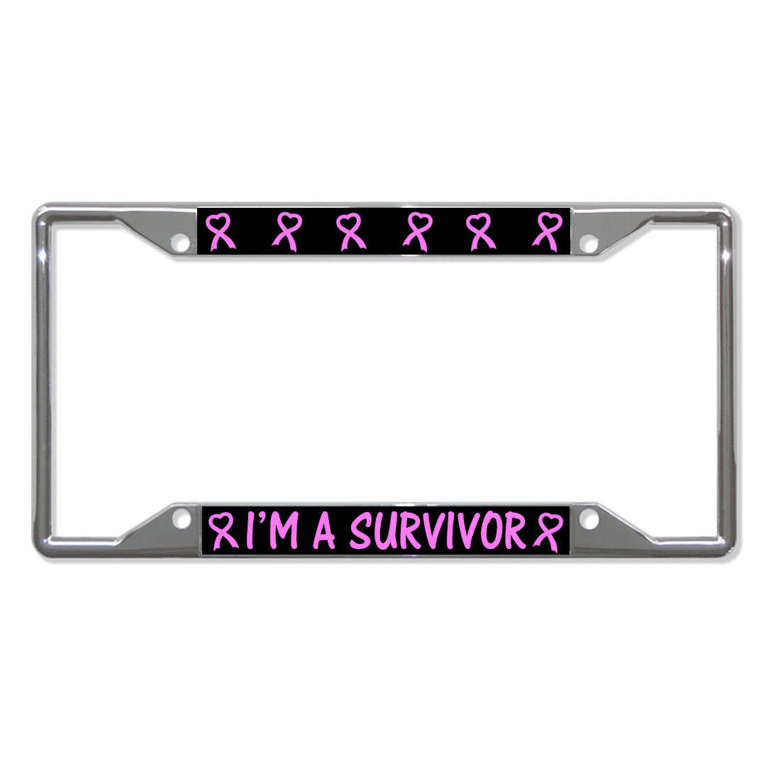 I'M A SURVIVOR BREAST CANCER RIBBON Metal License Plate Frame Four