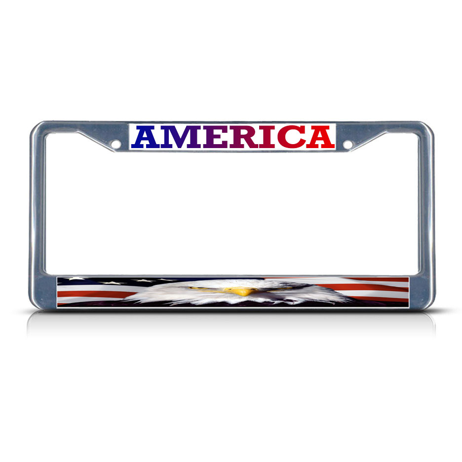America, American Flag With Eagle METAL Chrome License Plate Frame Tag