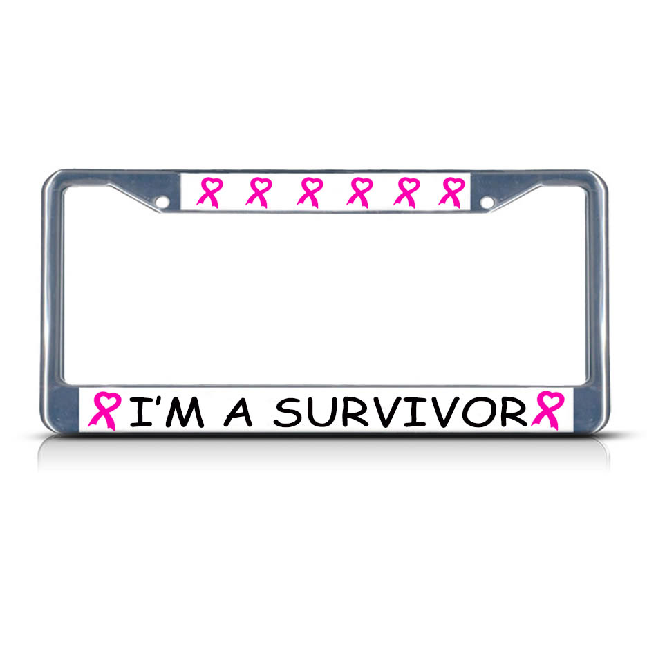 I'M A SURVIVOR BREAST CANCER RIBBON Chrome Study Metal License Plate